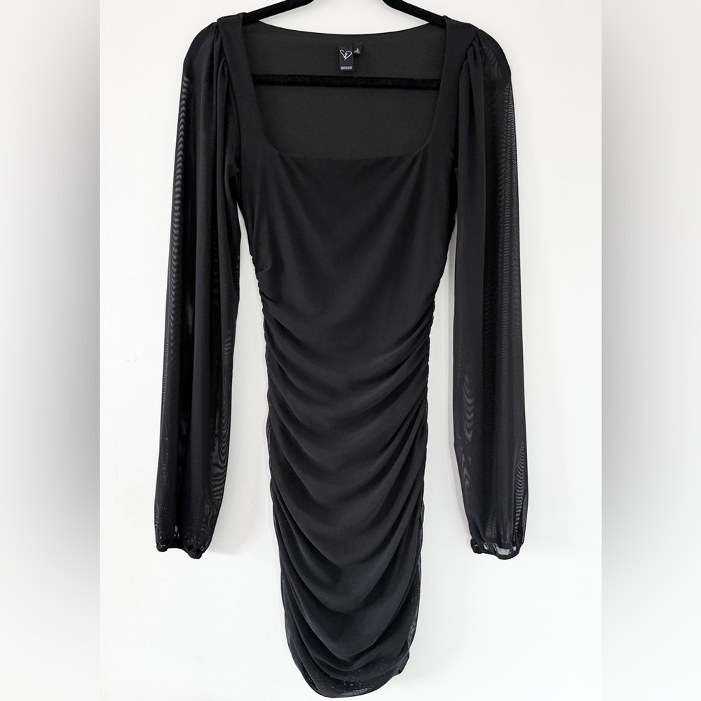 Windsor Black Mini Long Sleeve Dress Small Mesh Ruched Square Neck Stretch Party